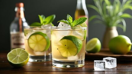 Fototapeta premium Alcohol cocktails with lime, ice cubes and mint on table