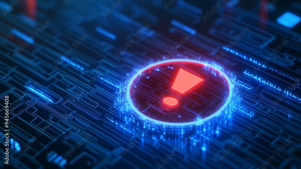 Poster digital warning alert symbol glowing on a futuristic circuit board, highlighting cybersecurity threa