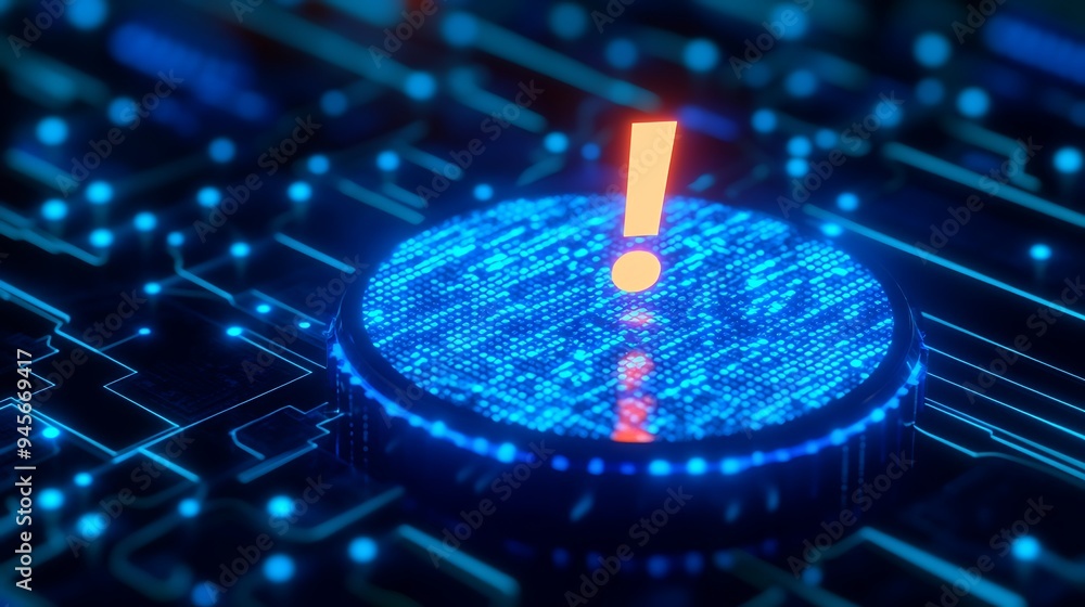 Poster digital warning concept with red exclamation mark on futuristic circuit board, symbolizing cybersecu