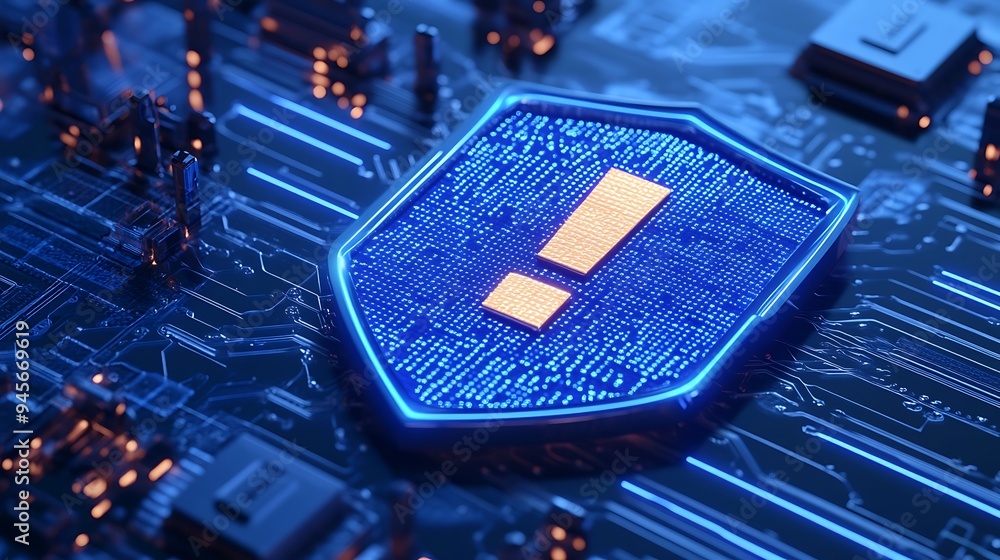 Aufkleber digital warning sign on a microchip representing cybersecurity alert and technological threat in mod