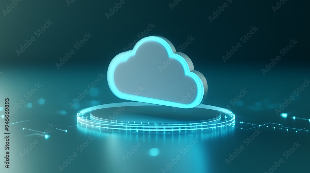 Poster futuristic 3d cloud hologram on digital background, representing cloud computing, data storage, and 