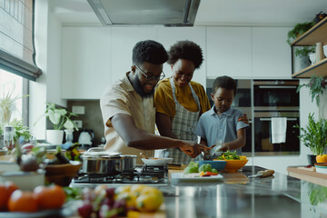 A family of three is cooking together in a kitchen