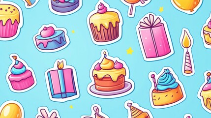 Colorful 90s-themed cartoon birthday stickers featuring cakes, balloons, and gifts. Ideal for creating fun, retro-style celebration labels and party decorations.