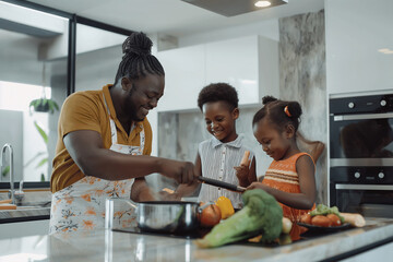 Naklejka premium A man is cooking with two children in a kitchen