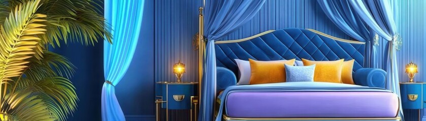 A luxurious bedroom with a canopy bed, velvet textiles, gold accents, soft lighting, and dark, moody colors, Gothic, 3D rendering