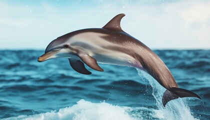 An enchanting side view of a dolphin gracefully leaping over crystal-clear waves under a starry sky