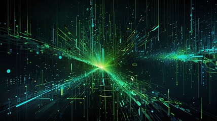 A dynamic illustration depicting a burst of green and blue digital lights, representing the energy and speed of data transmission in a virtual space.