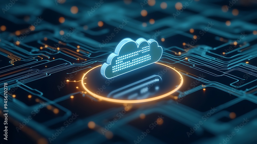 Poster futuristic 3d rendering of a glowing cloud icon over circuit board, depicting cloud computing and te