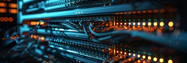 A computer network with many cables and wires