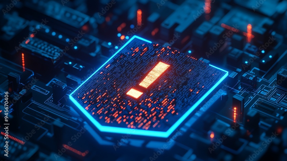 Poster futuristic circuit board with an exclamation mark highlighting a digital alert on a high-tech backgr