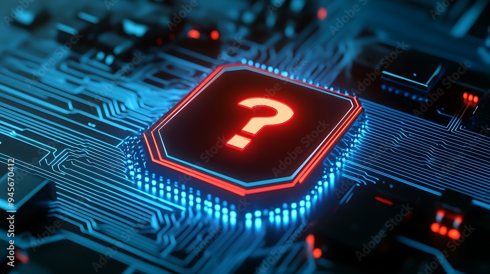 Poster futuristic circuit board with a red question mark icon, symbolizing tech uncertainty, ai complexity,