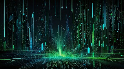 A dynamic illustration depicting a burst of green and blue digital lights, representing the energy and speed of data transmission in a virtual space.