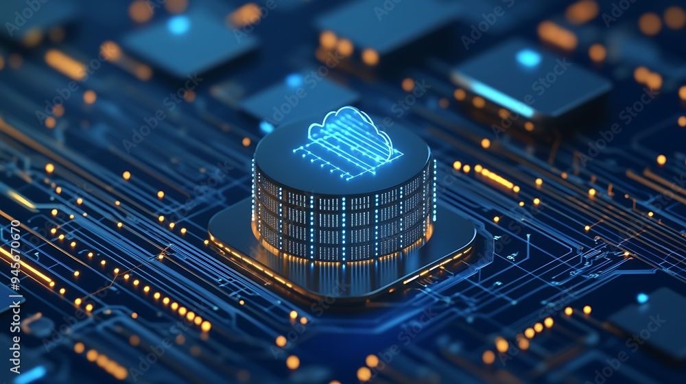 Poster futuristic circuit board with cloud server hologram. concept of cloud computing, data storage, and a