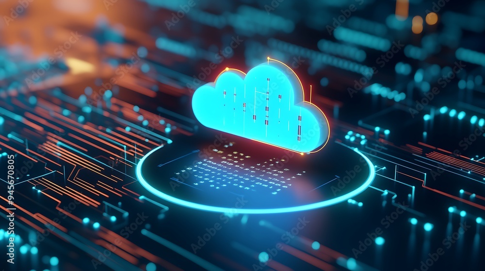 Poster futuristic cloud computing concept on a digital circuit board showcasing advanced technology and dat