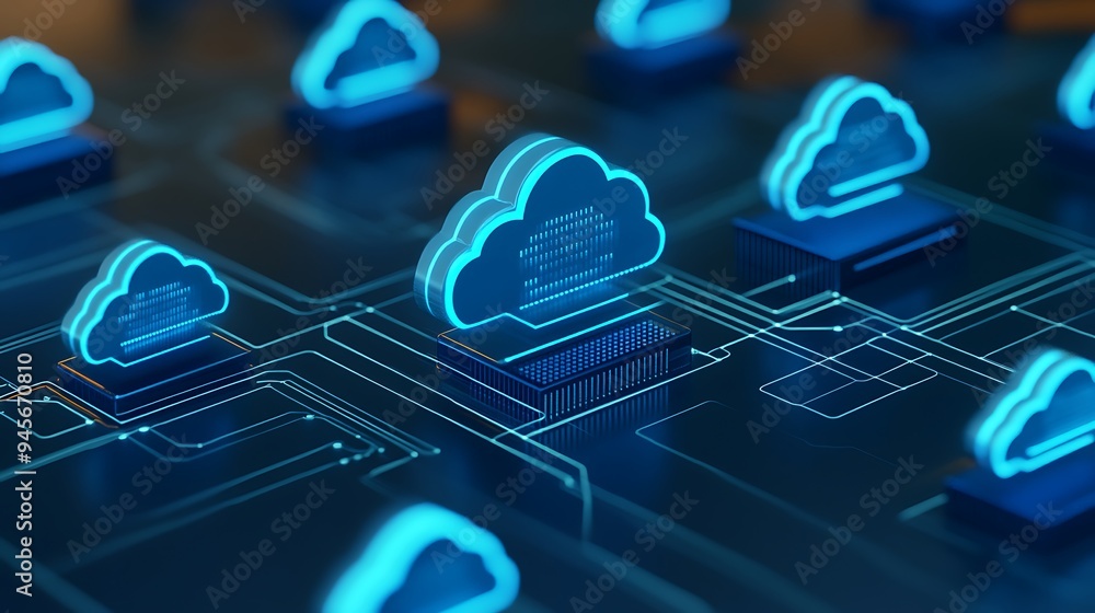 Poster futuristic cloud computing and data storage technology concept with blue digital clouds interconnect