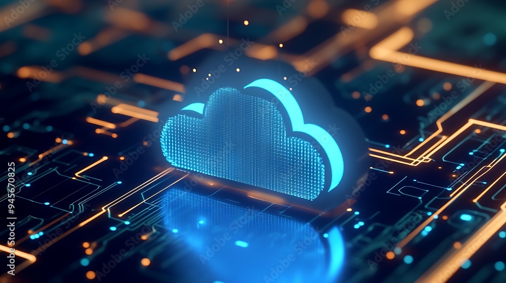 Poster futuristic cloud computing concept represented by a glowing cloud icon on a high-tech circuit board 