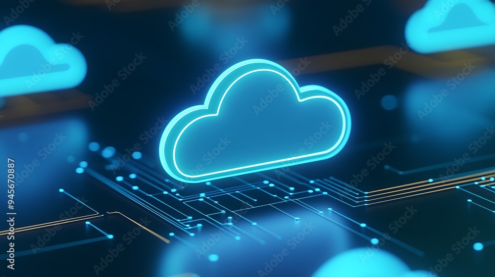 Poster futuristic cloud computing concept with a glowing blue cloud symbol on a dark digital background, re