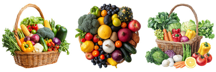 Basket of fresh colorful vegetables and fruits in three variations isolated on transparent background