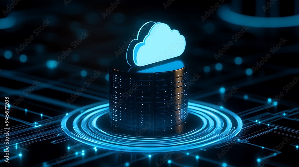 Poster futuristic cloud computing concept with digital data storage and network connection, highlighting ad