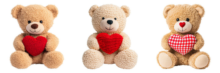 Adorable teddy bear trio holding red hearts in different designs isolated on transparent background