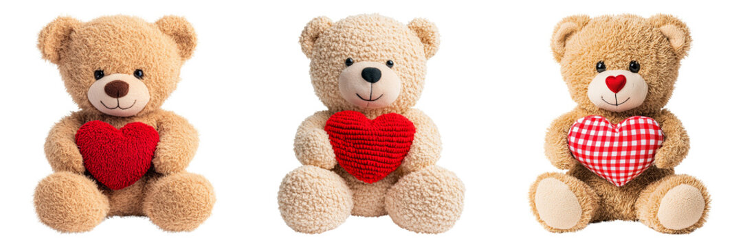 Naklejki Adorable teddy bear trio holding red hearts in different designs isolated on transparent background
