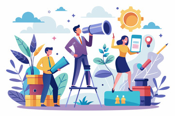 Search opportunity, finding new job, inspection or research, SEO or analyze for optimization, inspect or looking for future, career development concept, business people with binoculars, telescope.
