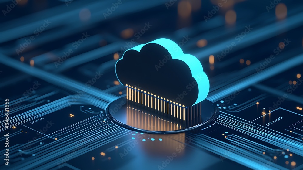 Poster futuristic cloud computing concept with glowing lights and circuits, representing modern data storag