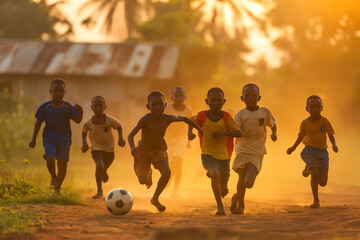 A group of children playing soccer in the dirt