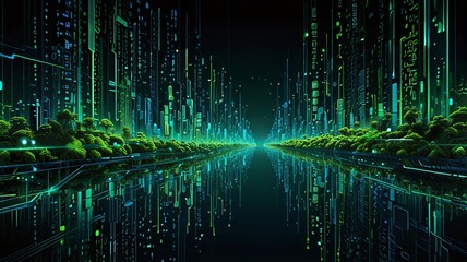 A dynamic illustration depicting a burst of green and blue digital lights, representing the energy and speed of data transmission in a virtual space.
