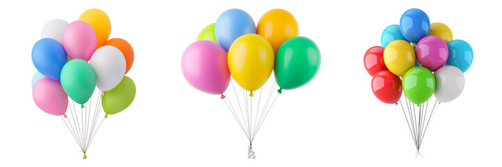 Colorful bunch of balloons in three different arrangements isolated on transparent background