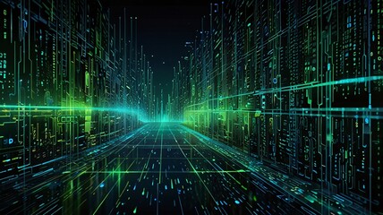 A dynamic illustration depicting a burst of green and blue digital lights, representing the energy and speed of data transmission in a virtual space.