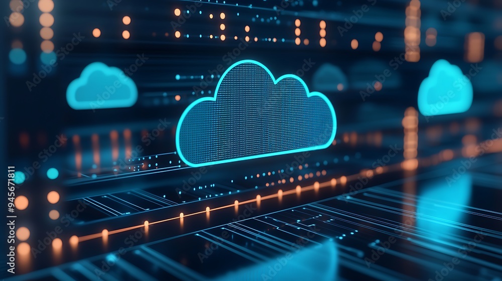 Poster futuristic cloud computing concept with glowing technology lines and digital cloud storage icon, rep
