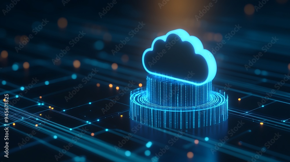Poster futuristic cloud computing concept with glowing technology design, representing data storage and net