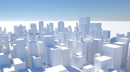 Fototapeta premium A minimalist cityscape featuring abstract white buildings against a clear blue sky.