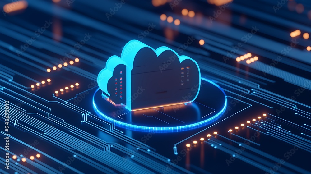 Poster futuristic cloud computing concept with neon lights, depicting digital technology and data storage i