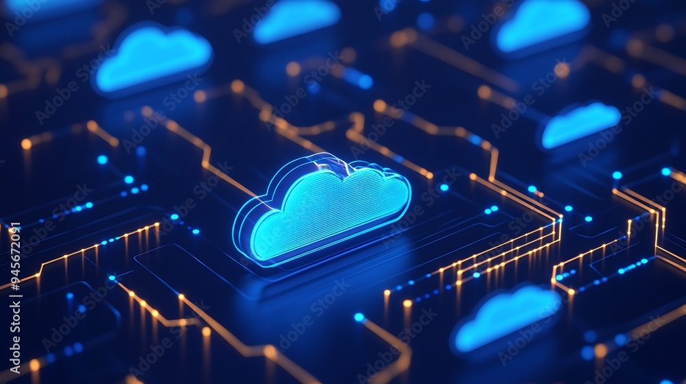 Poster futuristic cloud computing network concept with glowing blue cloud icons and digital connections on 