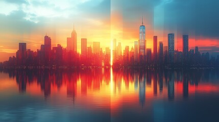 Fototapeta premium A stunning sunset skyline reflecting on water, showcasing urban architecture and vibrant colors.