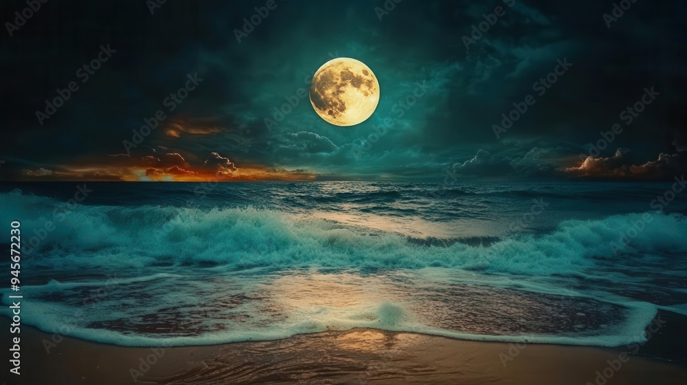 Wall mural full moon rising over the ocean, casting a mystical glow on the water and beach.