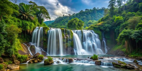 Obraz premium A scenic view of the Kapas Biru Falls, with the surrounding landscape faded into the background, focusing attention on the falling water, a realistic photo image.