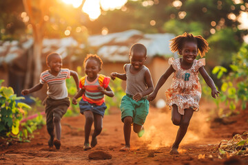 A group of children are running in a dirt field