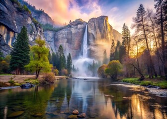 A serene morning scene at Bridal Veil Falls, soft pastel hues reflecting off the mist, a realistic photo image.
