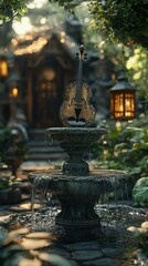 Serene flower garden with a charming stone water fountain creating a peaceful ambiance Photo