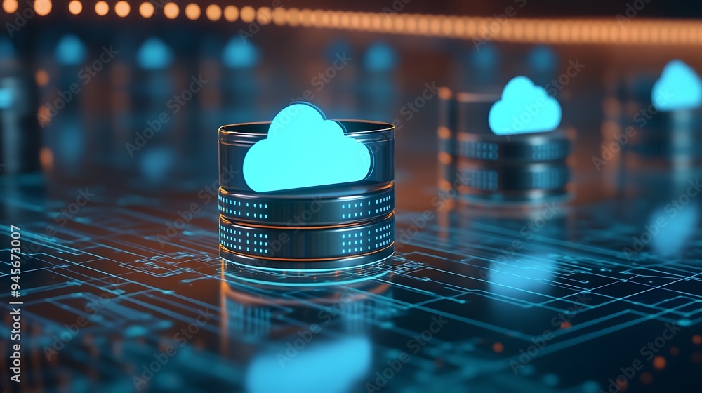 Poster futuristic cloud storage technology concept with glowing cloud icons and data server stacks in a dig