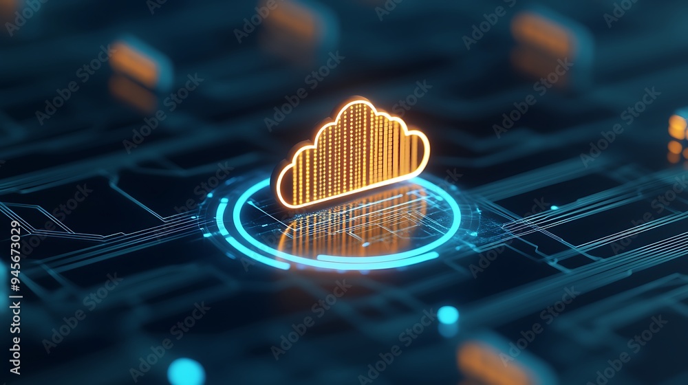Poster futuristic concept of cloud computing with digital interface and glowing icons, representing modern 