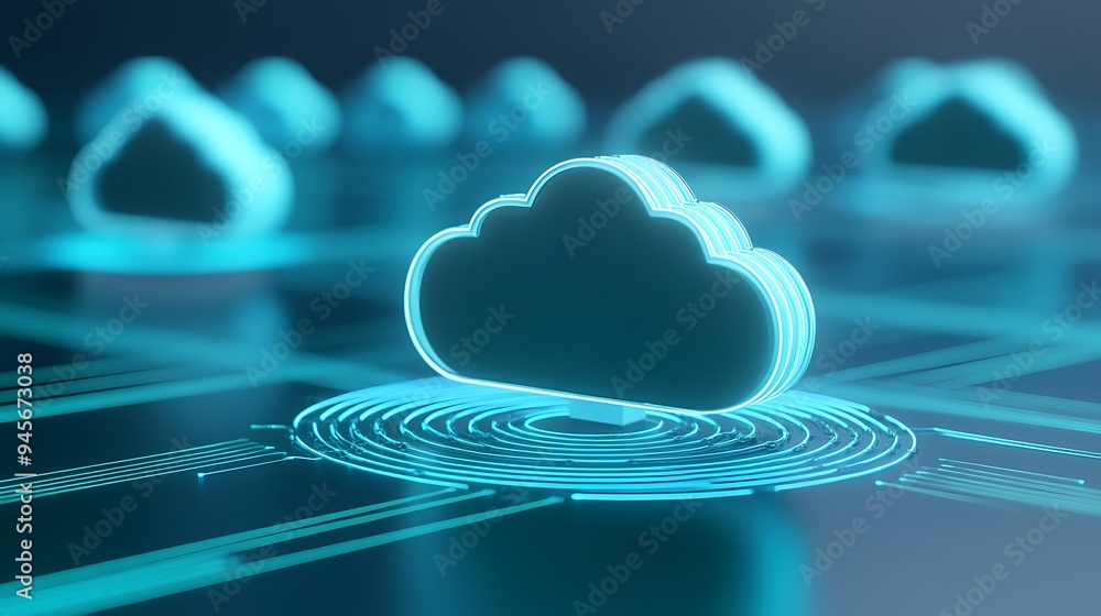 Poster futuristic concept of cloud computing with glowing holographic cloud icons over a digital network ba