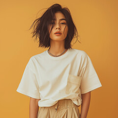 Confident Asian Model Striking a Relaxed Pose in Minimalist Fashion