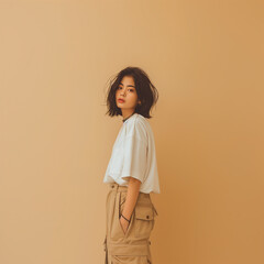 Elegant Asian Model in a Casual Sideways Pose Embracing Minimalist Fashion