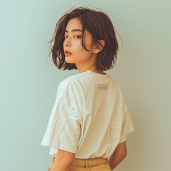 Elegant Asian Model in a Relaxed Over the Shoulder Pose with Minimalist Style