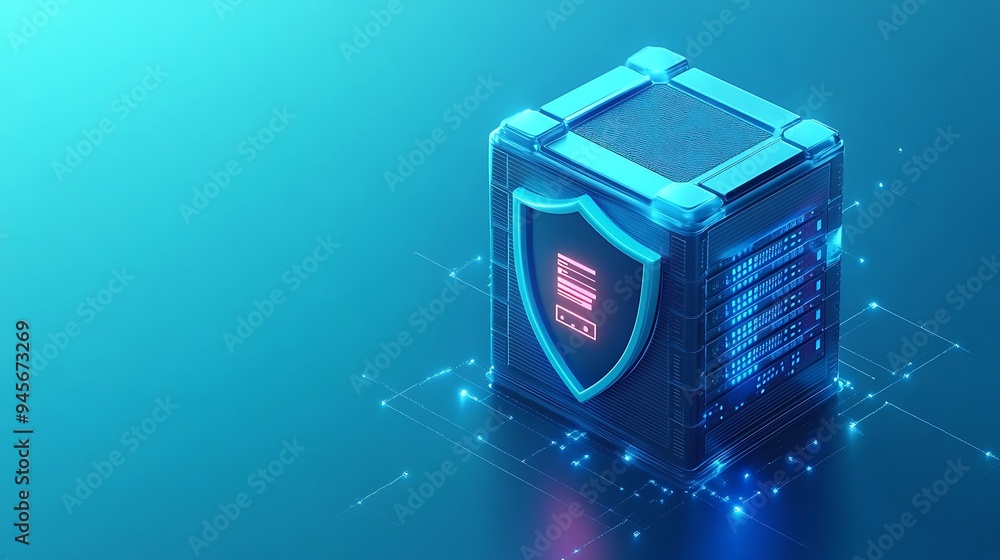 Poster futuristic cube with digital shield and data visualization, representing cyber security and data pro