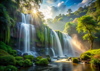 The falls' delicate mist creating a veil-like effect, lush green surroundings, warm sunlight filtering through, a realistic photo image.